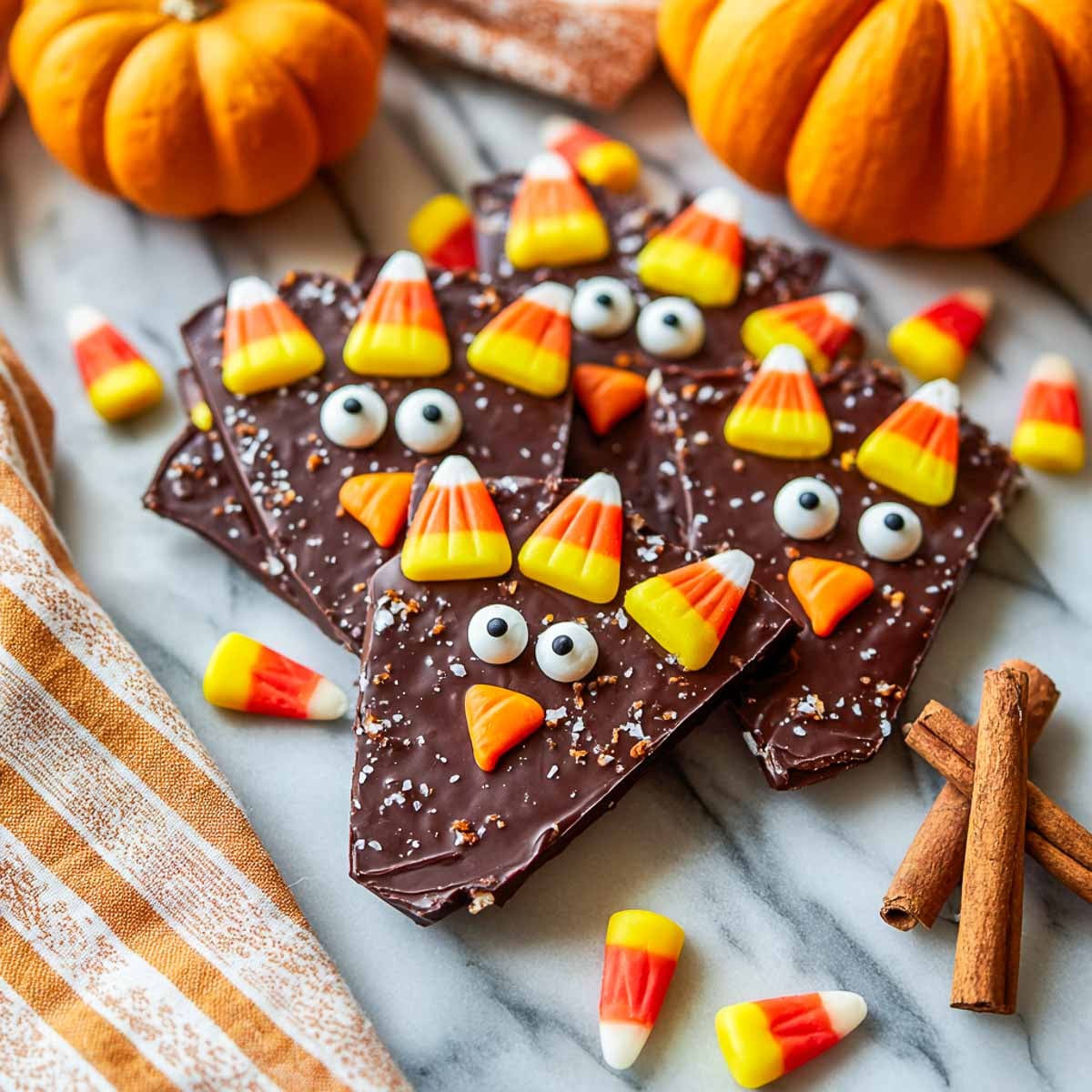Gluten-free chocolate turkey bark decorated with candy corn feathers.