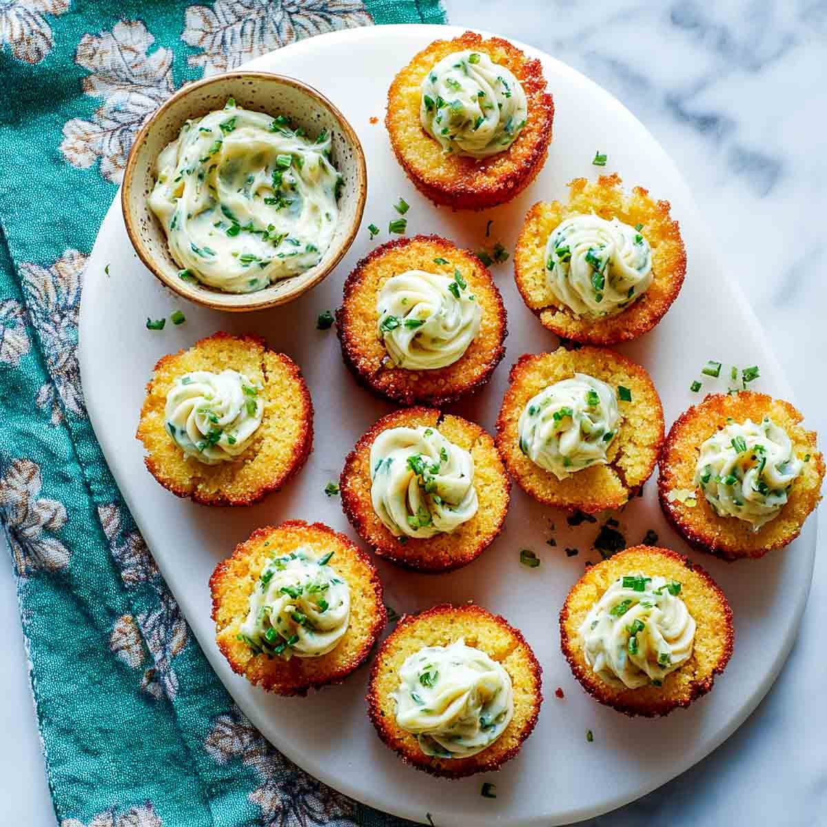 Mini cornbread bites topped with swirls of jalapeño honey butter on a marble platter.