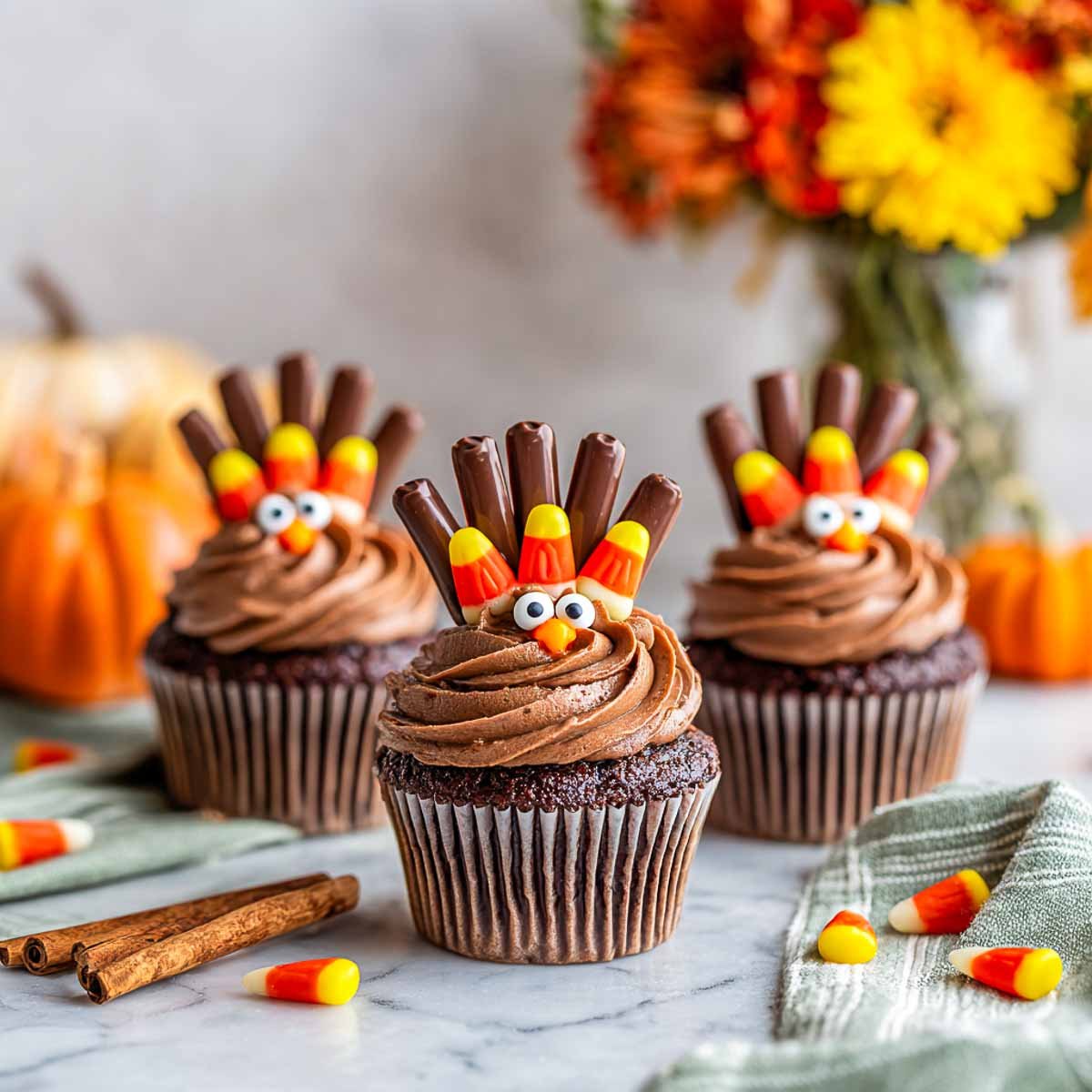 Gluten-free chocolate cupcakes decorated as turkeys with chocolate frosting.
