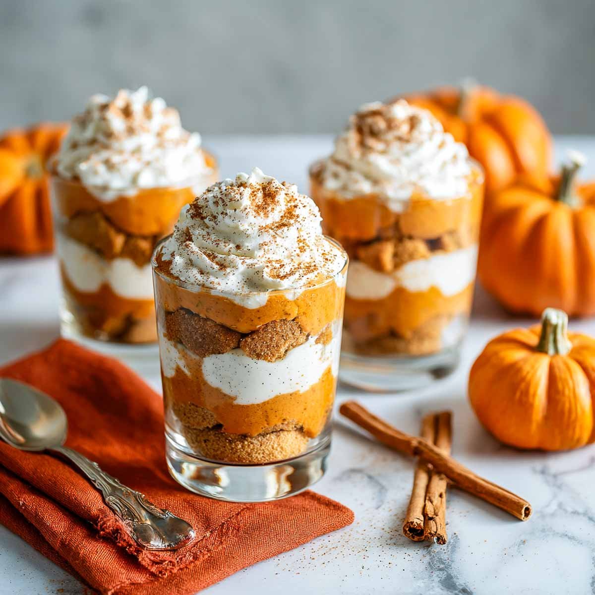 Layered gluten-free pumpkin pie trifles in glass cups with whipped cream and cinnamon garnish on top.