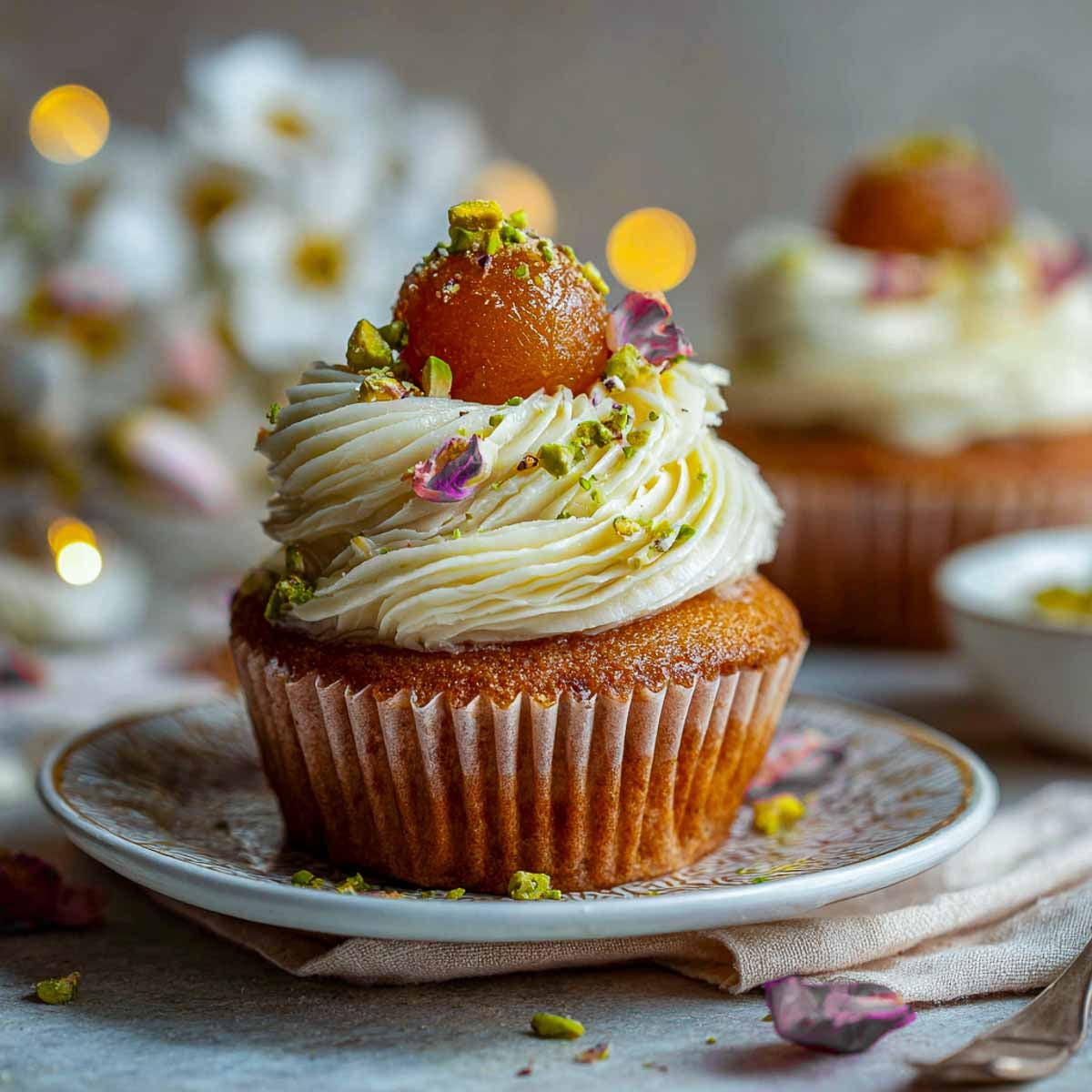 Single gulab jamun stuffed cupcake with frosting, syrup drizzle, pistachios, and rose petals.