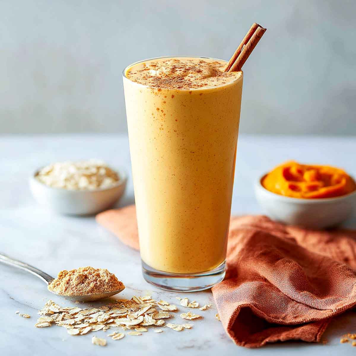 Pumpkin protein shake in a tall glass with cinnamon stick garnish.