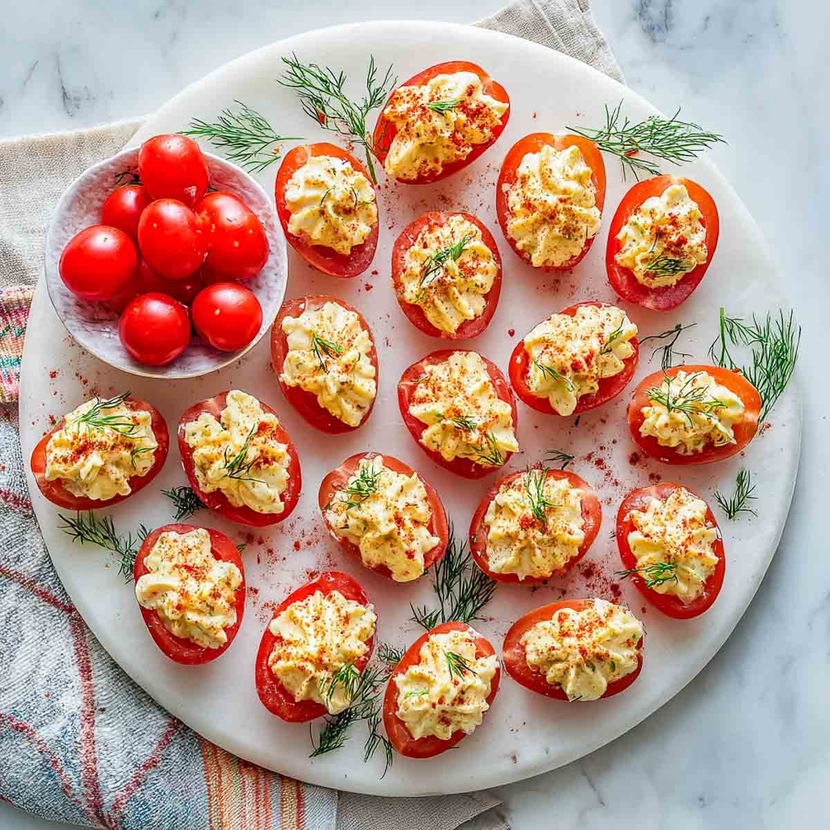 Halved cherry tomatoes filled with deviled egg mixture, sprinkled with paprika and dill.