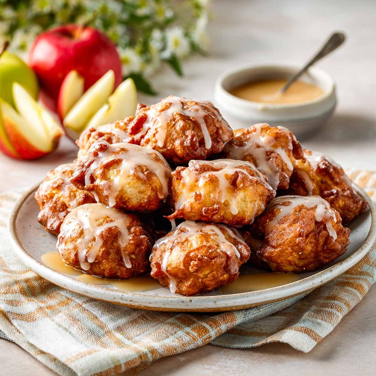 Plate of golden mini gluten-free apple fritters drizzled with glossy cinnamon glaze and served with apple slices.