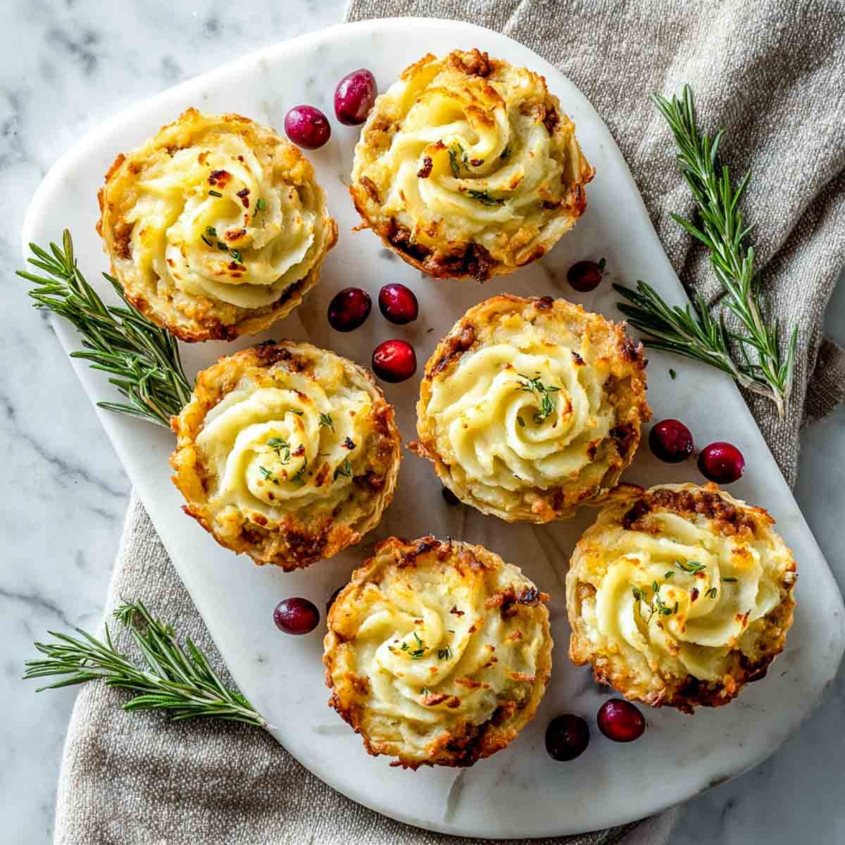 Crispy golden phyllo cups filled with savory shepherd’s pie mixture and topped with mashed potato swirls.