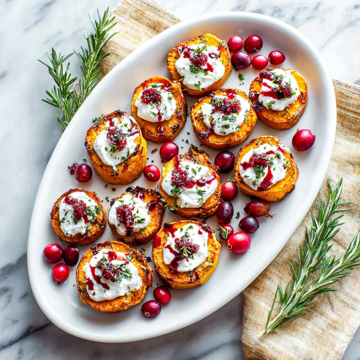 Bite-sized roasted sweet potatoes topped with sour cream, cranberries, and herbs on a white platter.