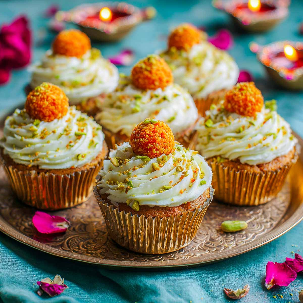 Cupcakes with buttercream frosting and a small motichoor ladoo topping.