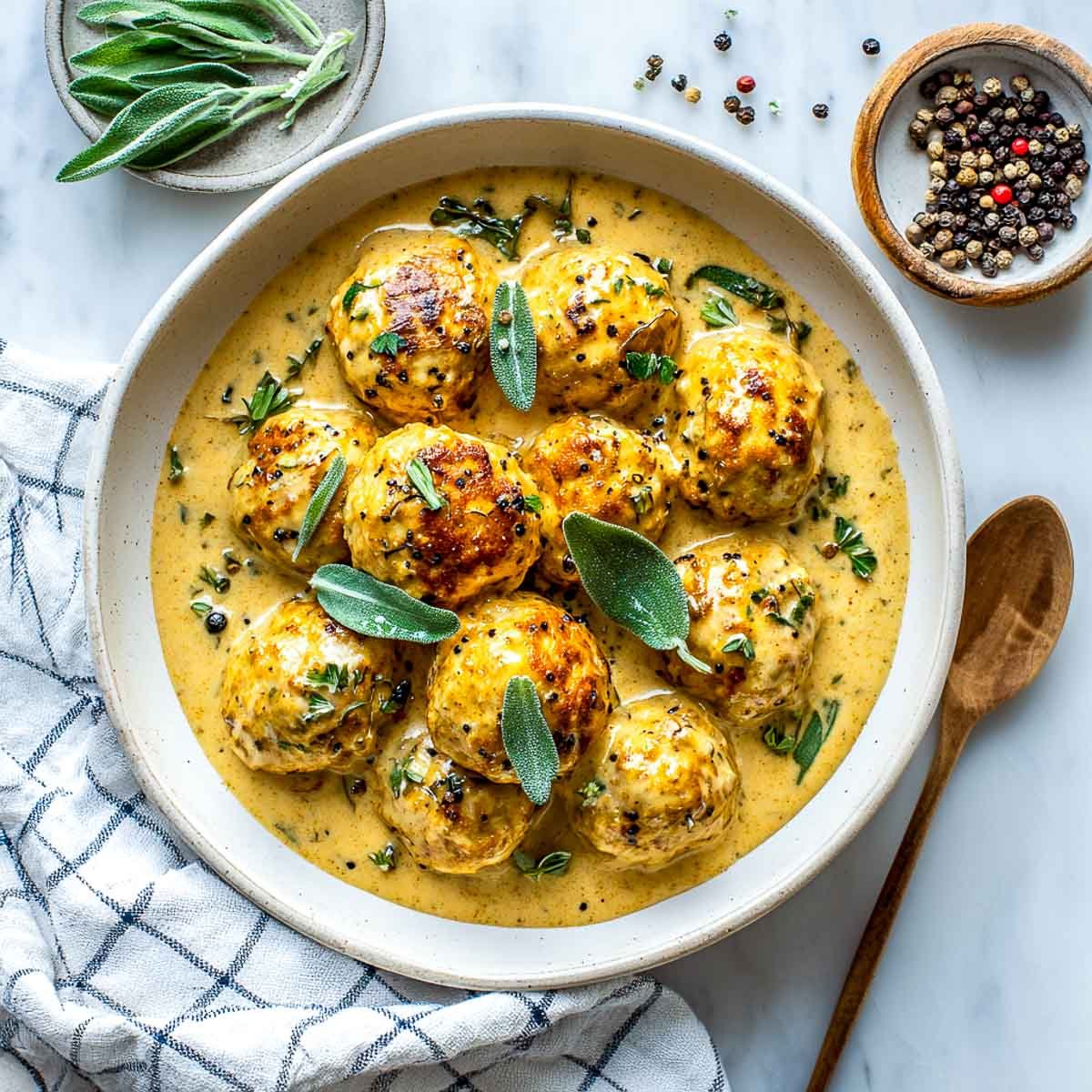 Pumpkin turkey meatballs in creamy sage gravy with fresh herbs.