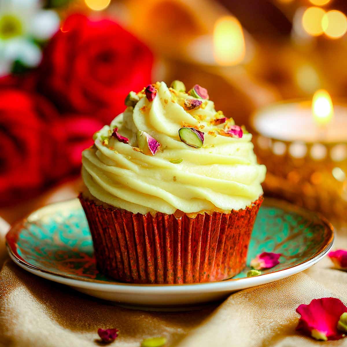 Single Rasmalai cupcake with saffron frosting, pistachios, rose petals, candles.