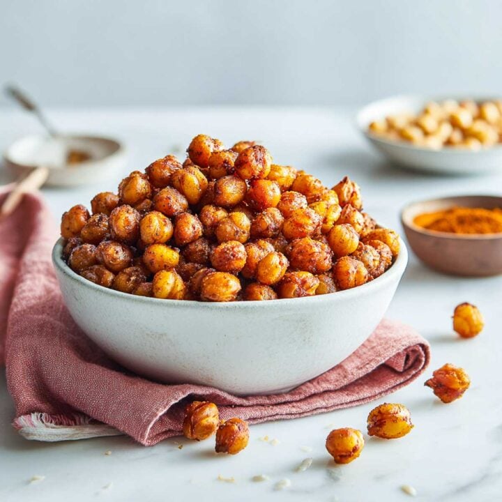 Crispy roasted masala chickpeas served in a bowl, spiced and golden.