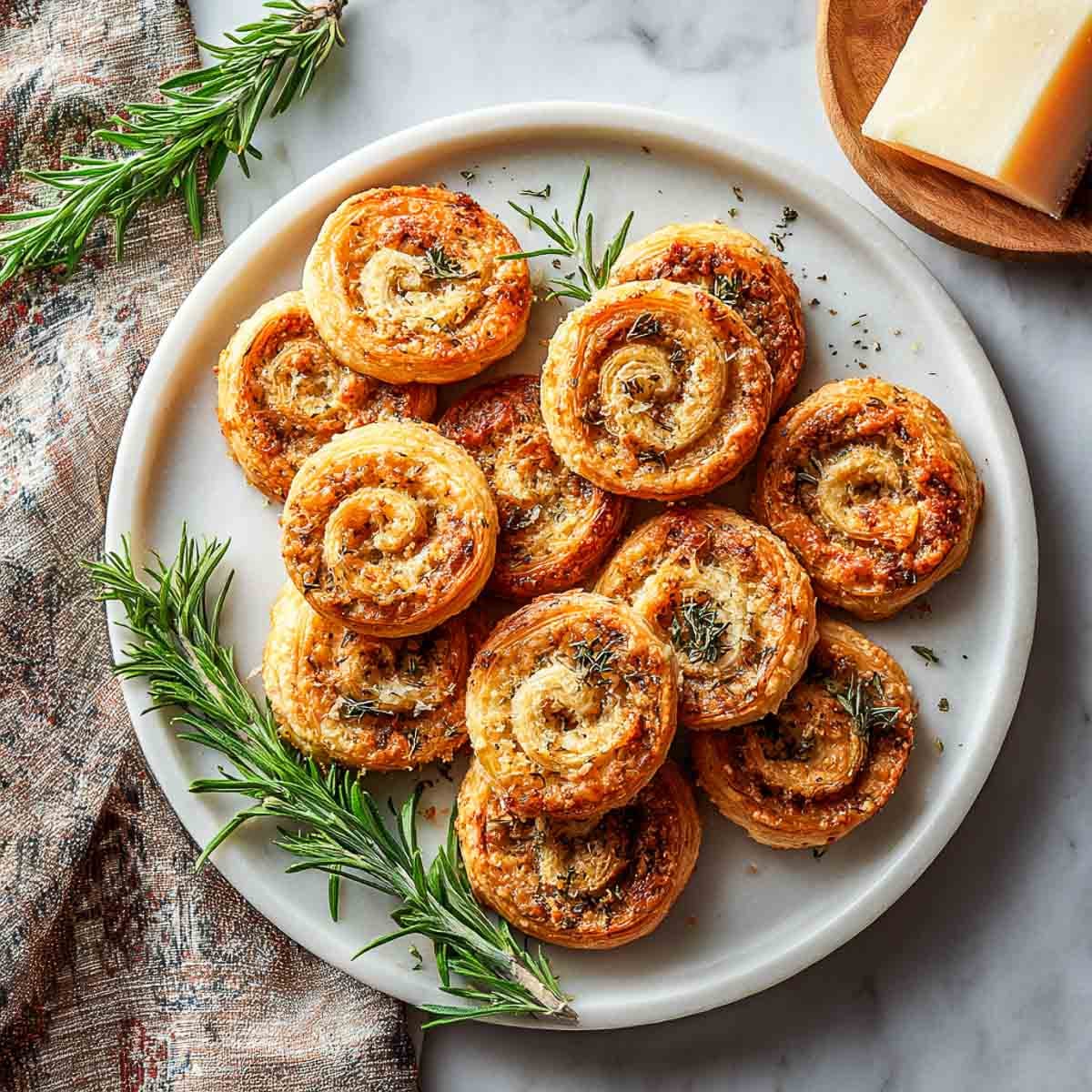 Golden puff pastry pinwheels swirled with rosemary and Parmesan on a white platter.