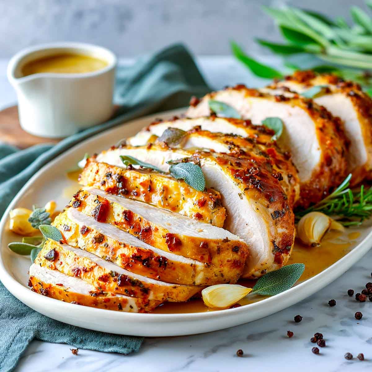 Sliced roasted turkey breast with sage and garlic on a serving platter.