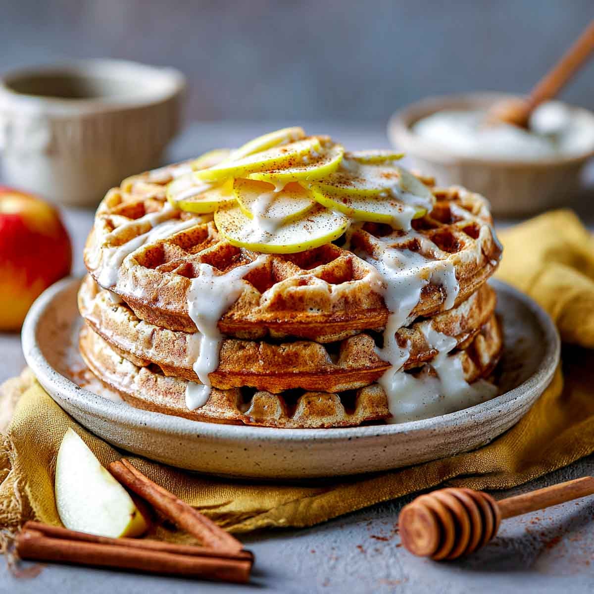 Golden apple protein waffles stacked with yogurt drizzle and apple slices on top.