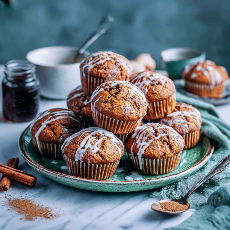Pumpkin gingerbread muffins with glaze drizzle on ceramic plate with molasses jar, cinnamon sticks, and green napkin.