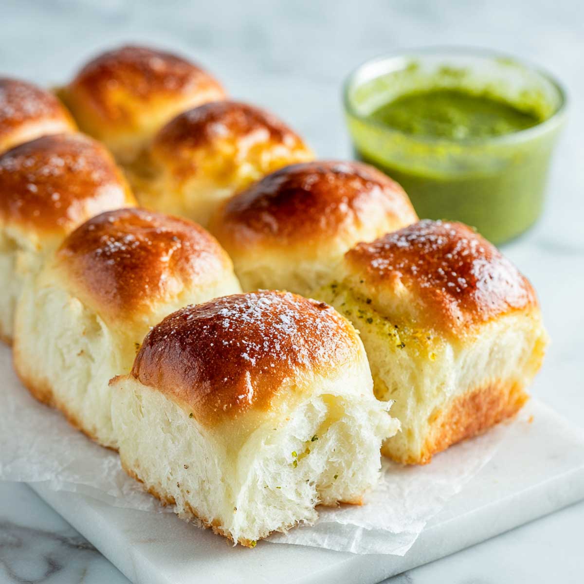 Tray of stuffed bread rolls baked until golden and fluffy.