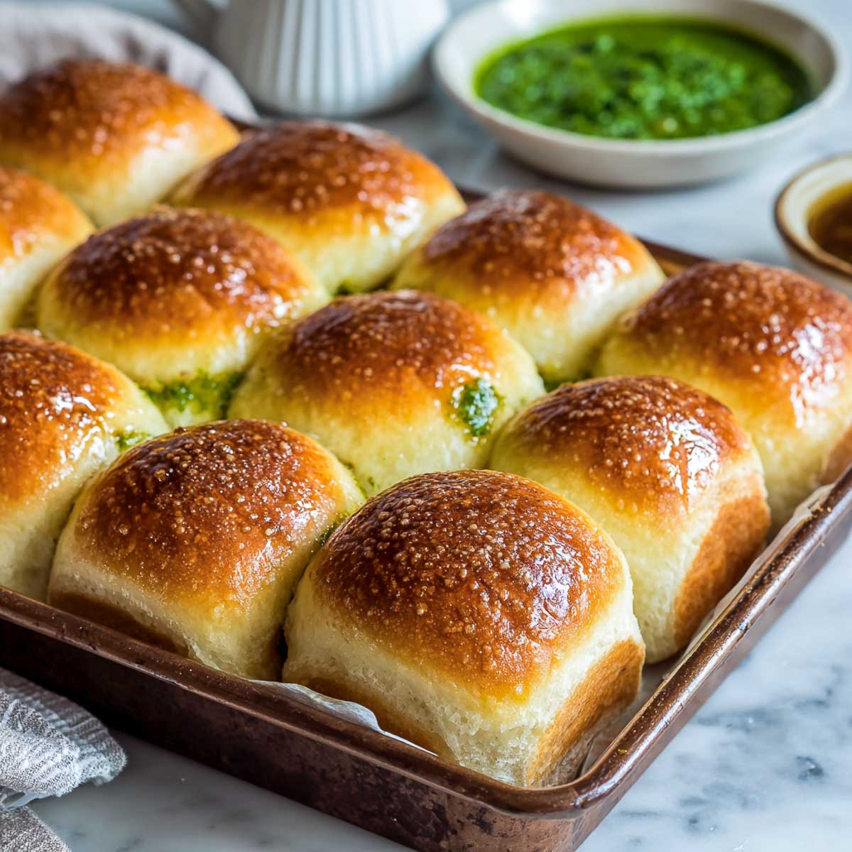 Tray of stuffed bread rolls baked until golden and fluffy.