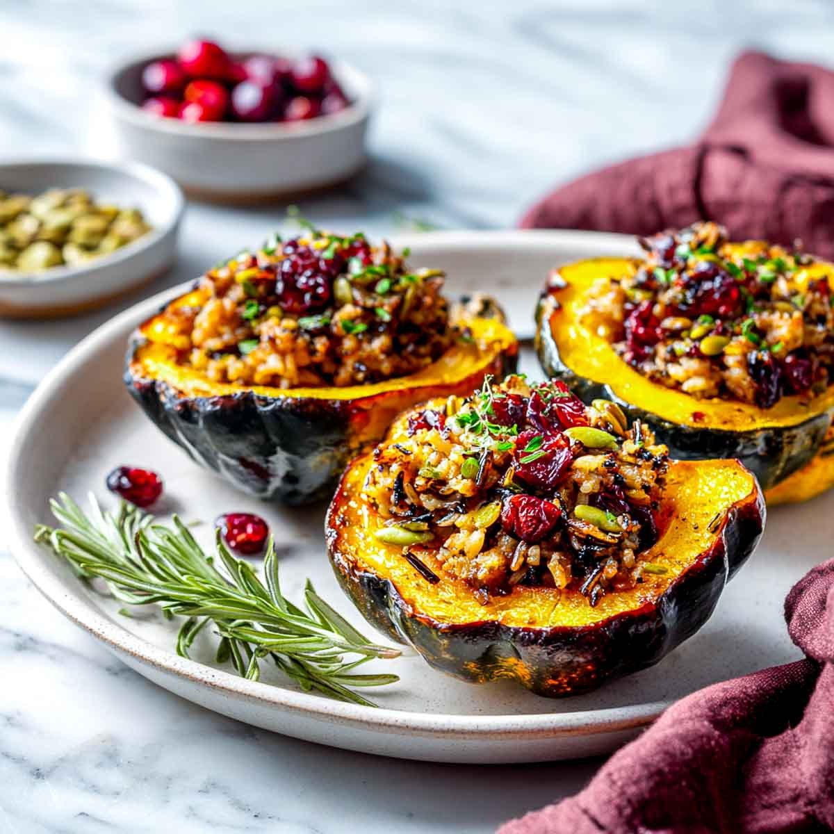Roasted acorn squash halves filled with turkey, rice, and cranberry stuffing.