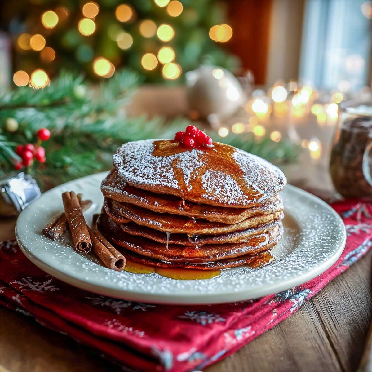 A cozy Christmas stack of gingerbread pancakes with syrup drizzle and powdered sugar.