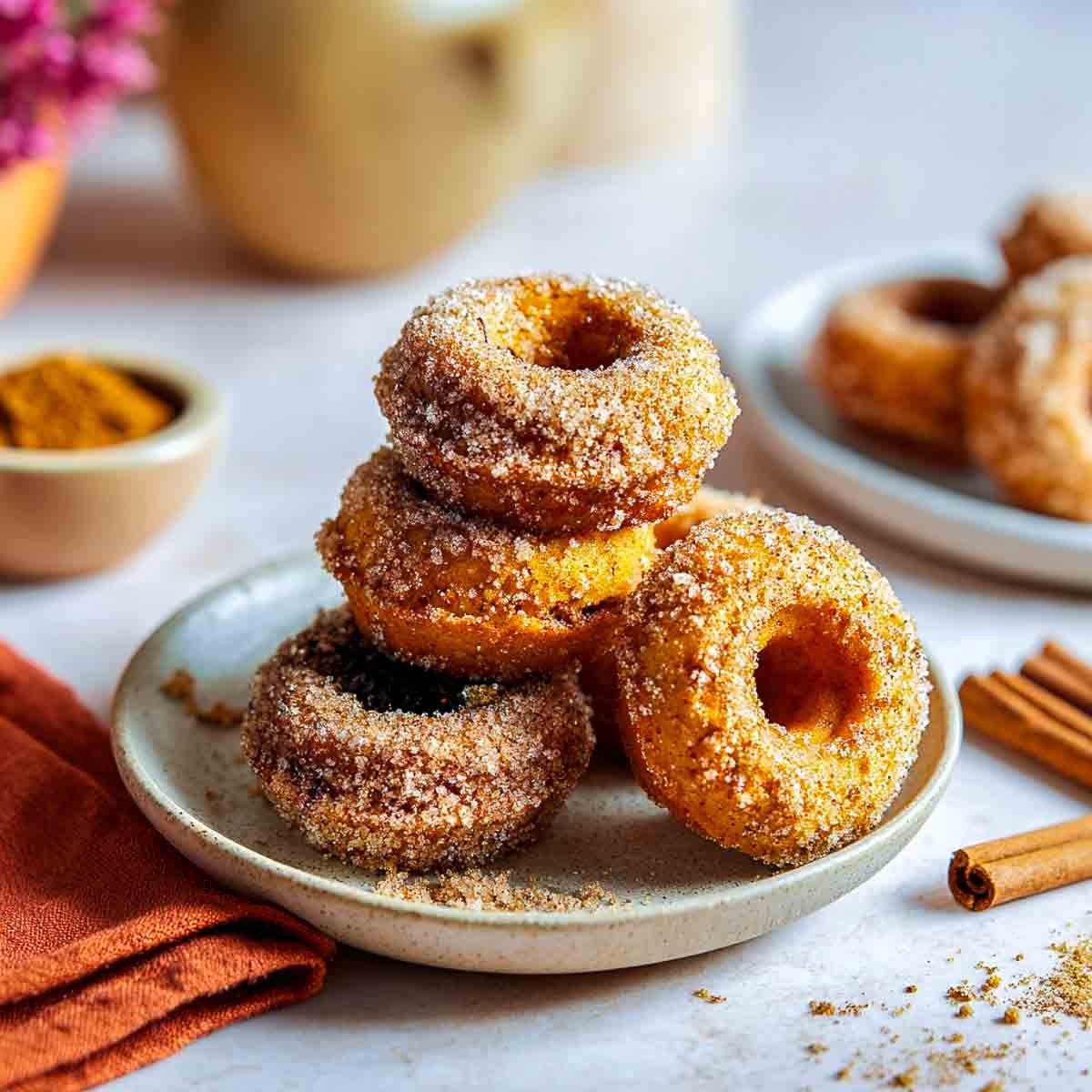 Stack of cinnamon-sugar coated air fryer sweet potato donuts on a ceramic plate with cinnamon sticks.