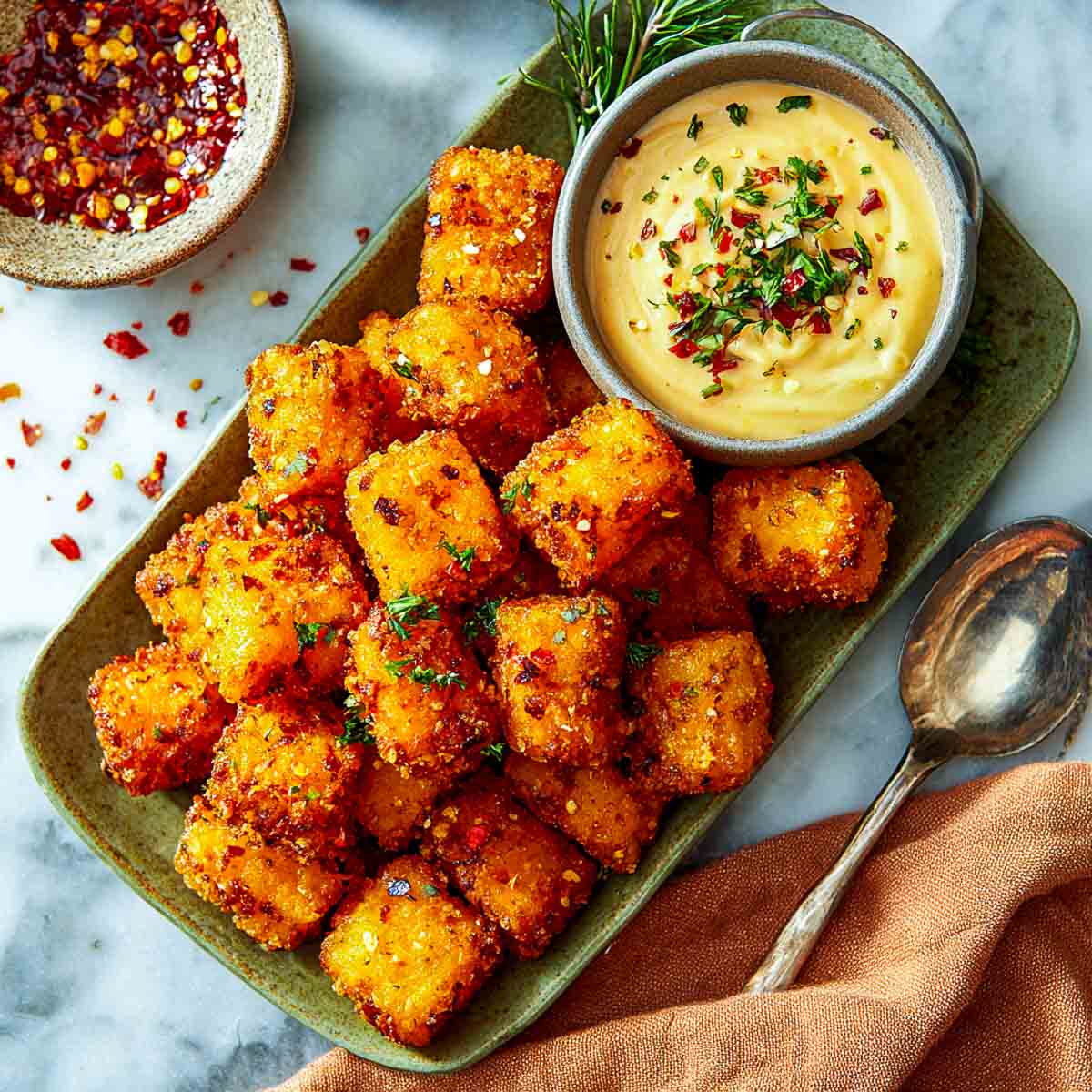 Golden air-fried sweet potato tots served with creamy spicy dip and chili flakes on marble.