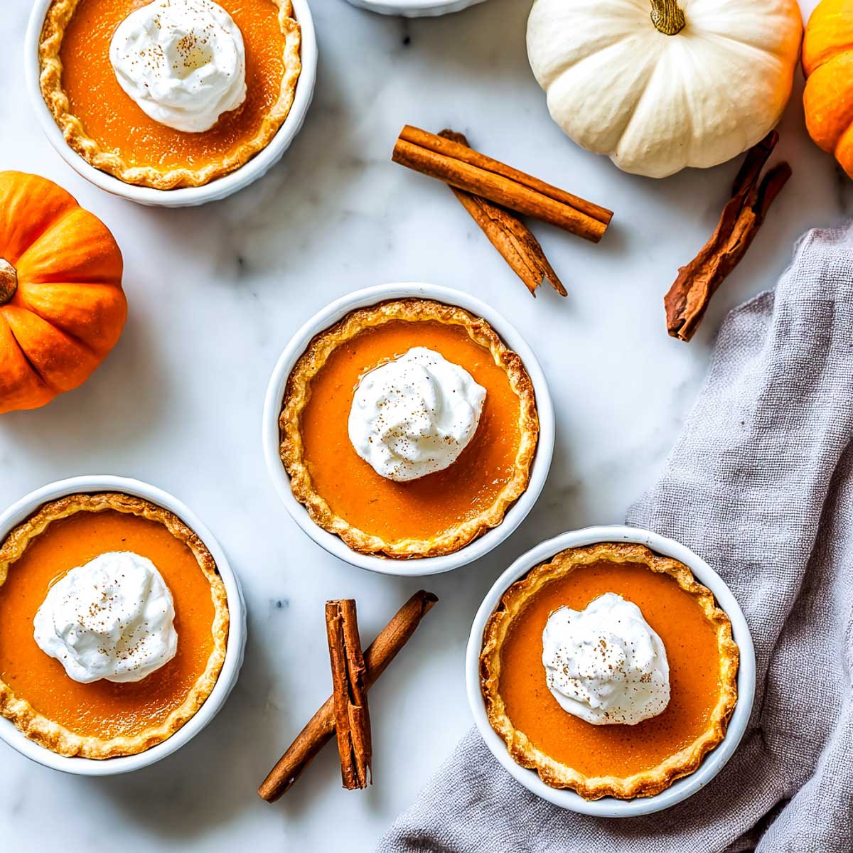 Mini air fryer pumpkin pies topped with whipped cream and cinnamon sticks.