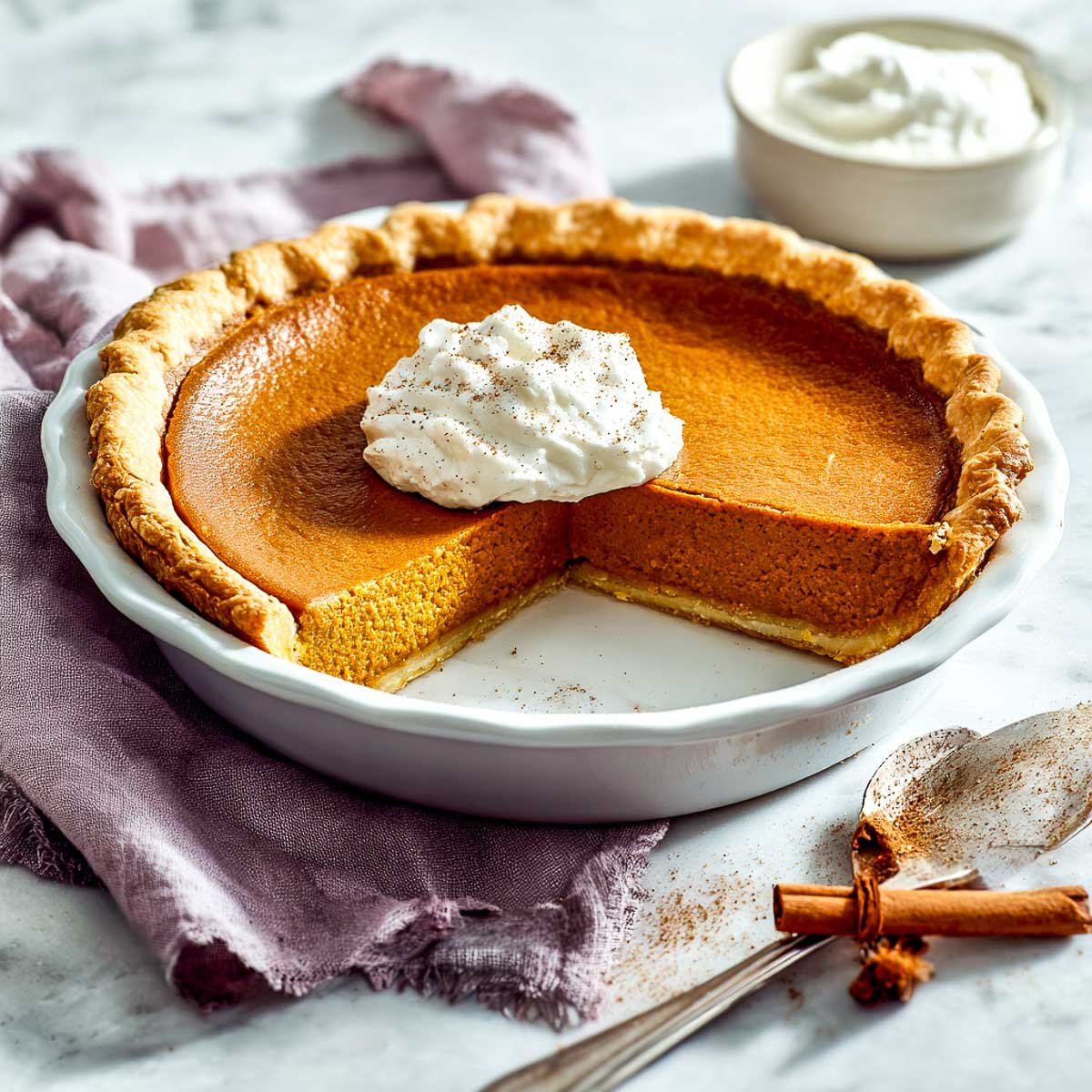 Partially sliced air fryer pumpkin pie with whipped cream topping.
