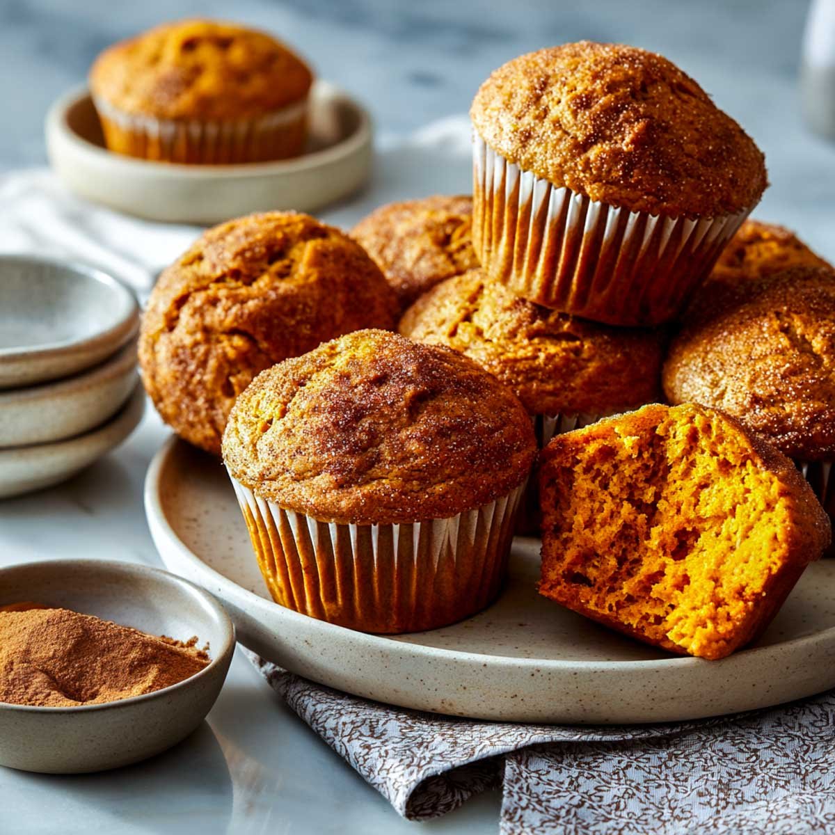 Cinnamon sweet potato muffins with cinnamon sugar tops on a ceramic plate.