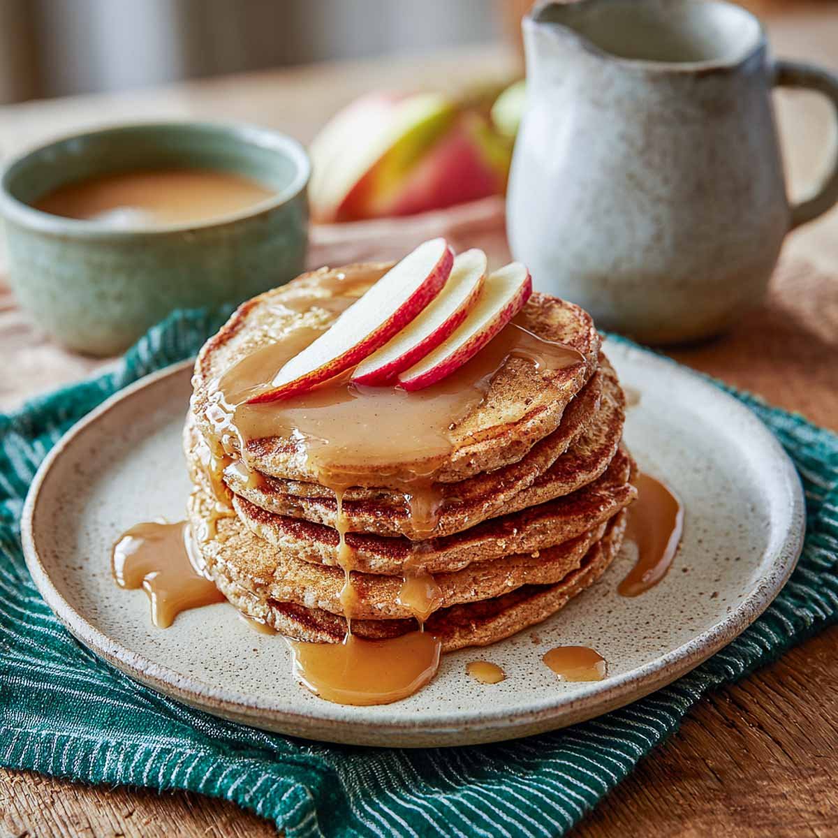 Stack of apple cider pancakes drizzled with glaze and topped with apple slices on a green napkin.