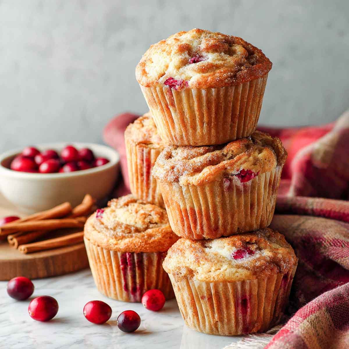 Apple cranberry muffins stacked on a marble surface.