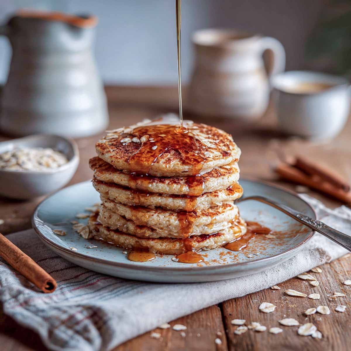 Stack of oat blender pancakes drizzled with maple syrup on a cream napkin with cinnamon sticks and coffee in the background.