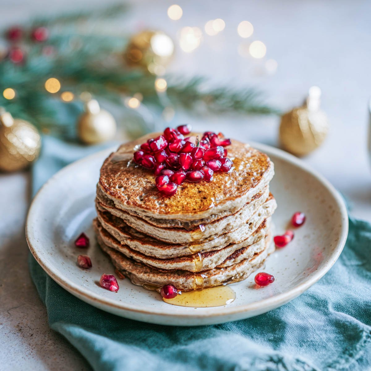 Stack of buckwheat pancakes topped with pomegranate seeds and honey on a Christmas breakfast table.