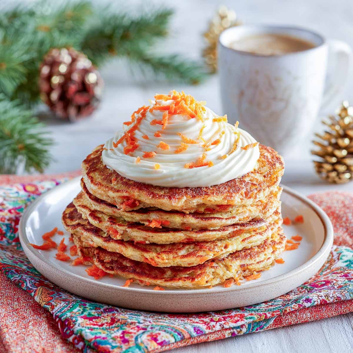 Stack of carrot cake pancakes topped with cream cheese yogurt frosting and grated carrot.