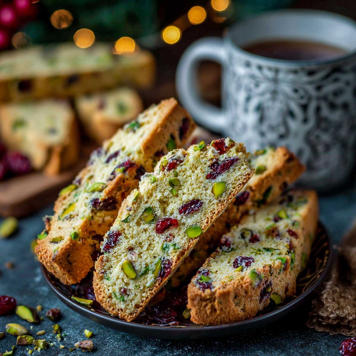 Cranberry pistachio biscotti in a glass jar tied with ribbon for Christmas gifting.