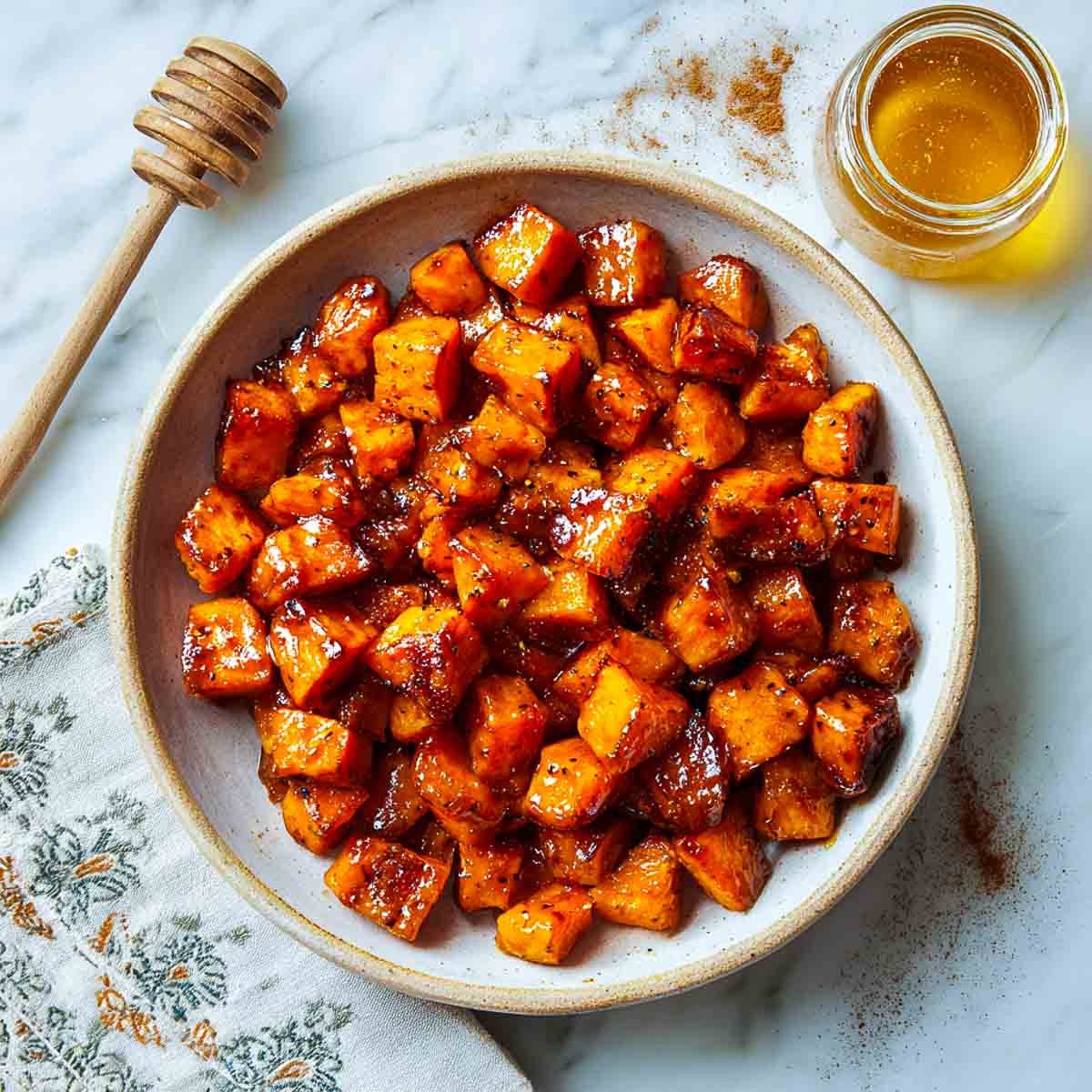 Top-down view of diced sweet potatoes glazed with cinnamon and honey in a ceramic bowl with honey jar, and dipper on marble surface.