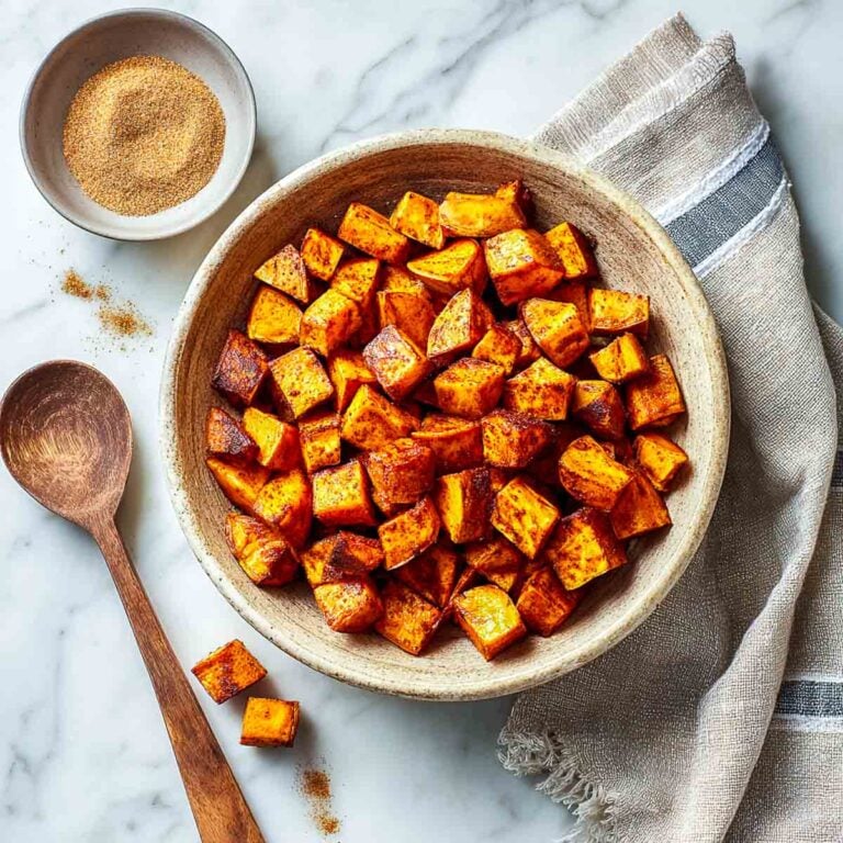 Top-down view of roasted sweet potato cubes coated in cinnamon in a rustic bowl with wooden spoon on marble surface.