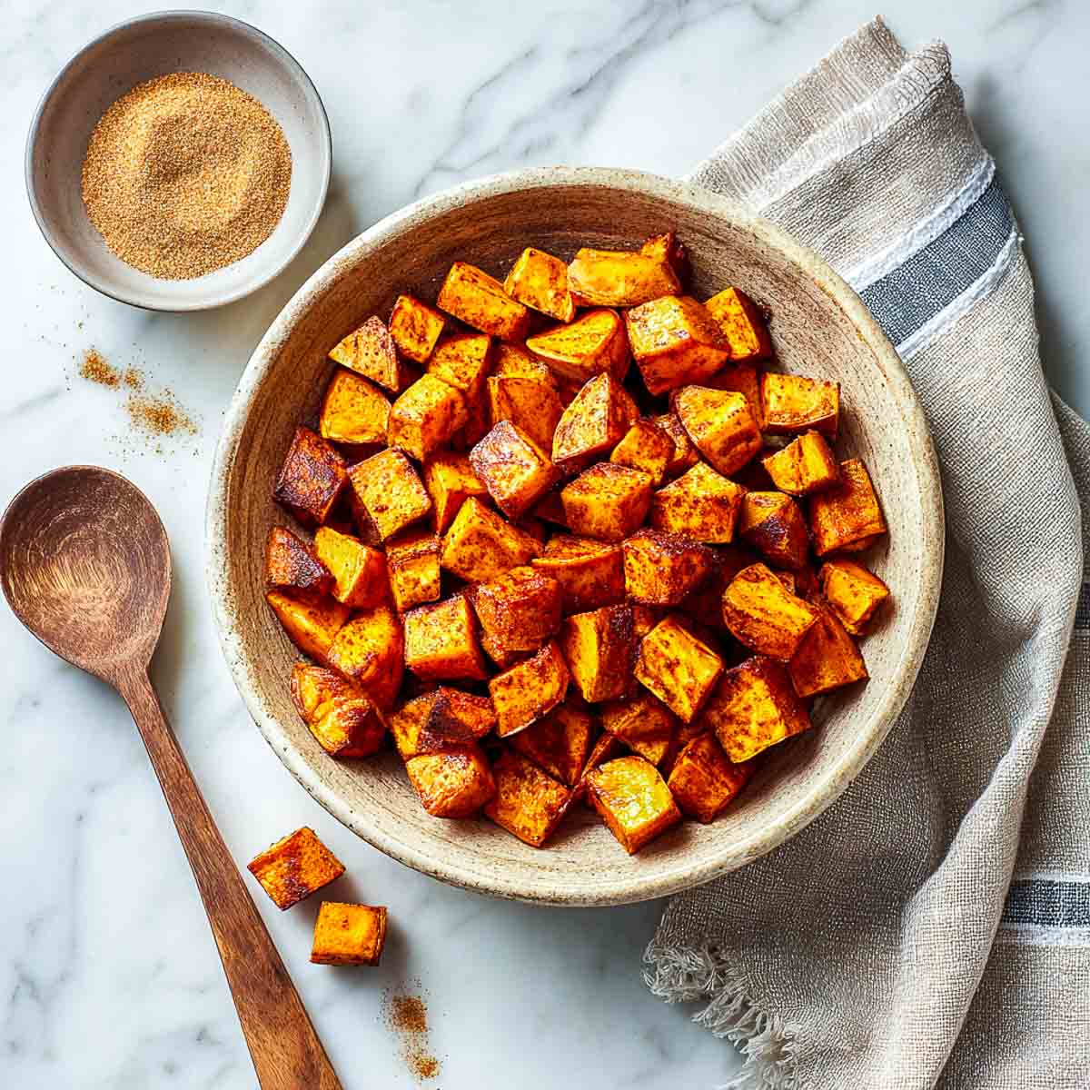 Top-down view of roasted sweet potato cubes coated in cinnamon in a rustic bowl with wooden spoon on marble surface.
