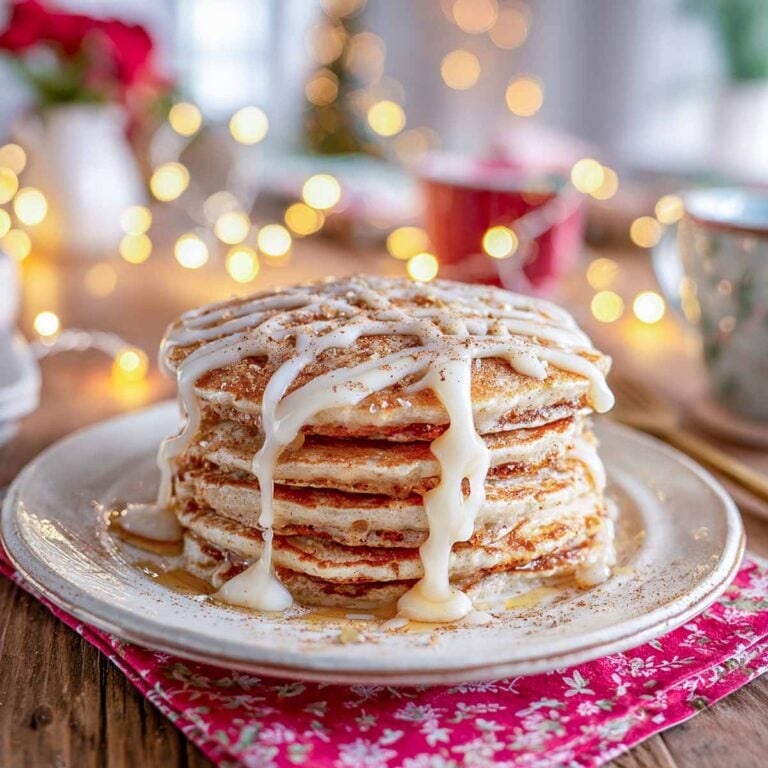 Stack of cinnamon sugar pancakes drizzled with vanilla glaze and surrounded by soft Christmas lights on a red napkin.