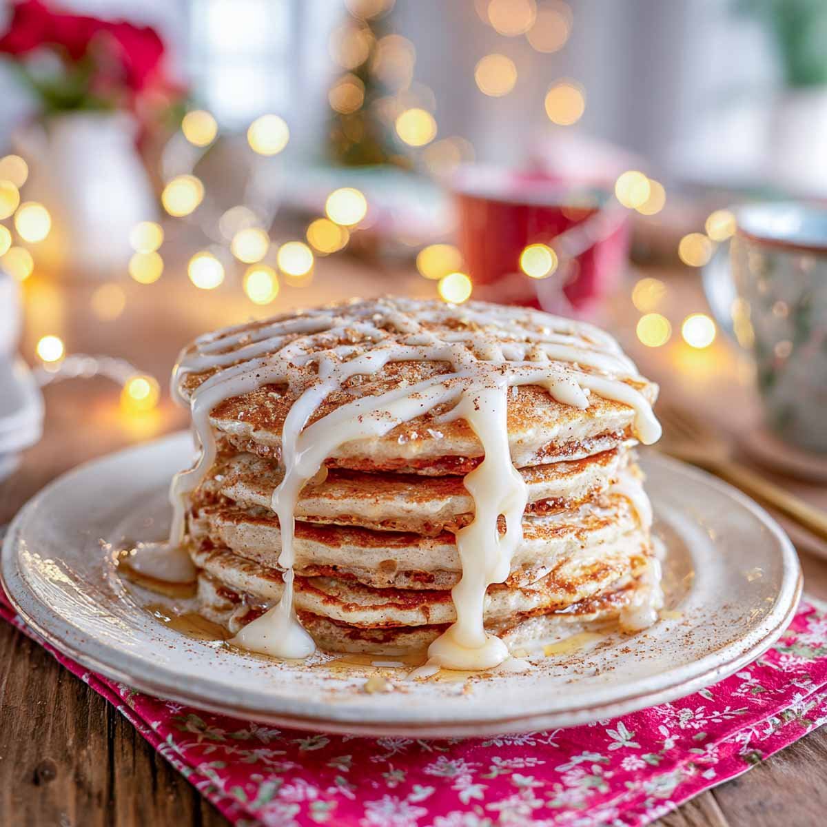 Stack of cinnamon sugar pancakes drizzled with vanilla glaze and surrounded by soft Christmas lights on a red napkin.
