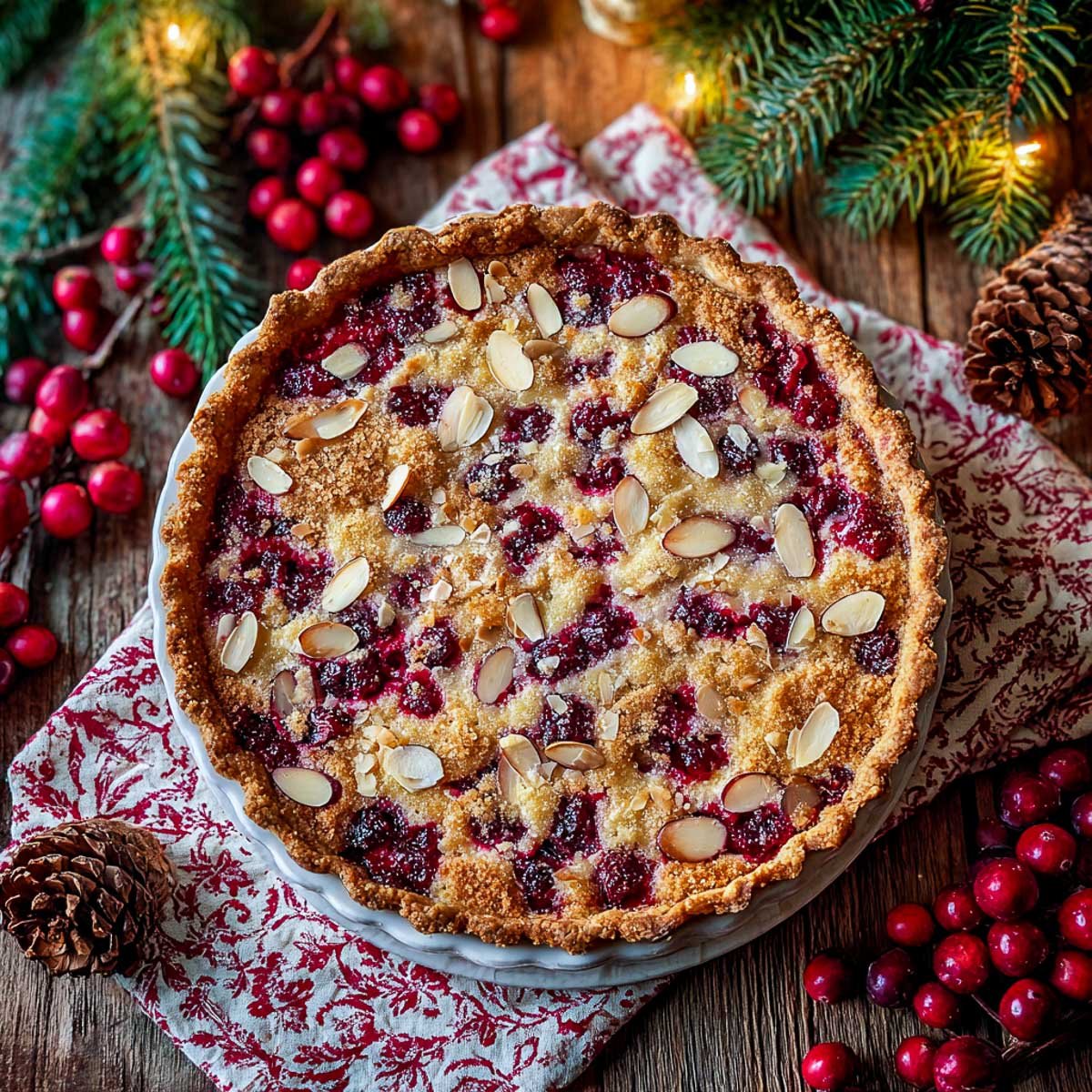 Slice of cranberry almond pie.