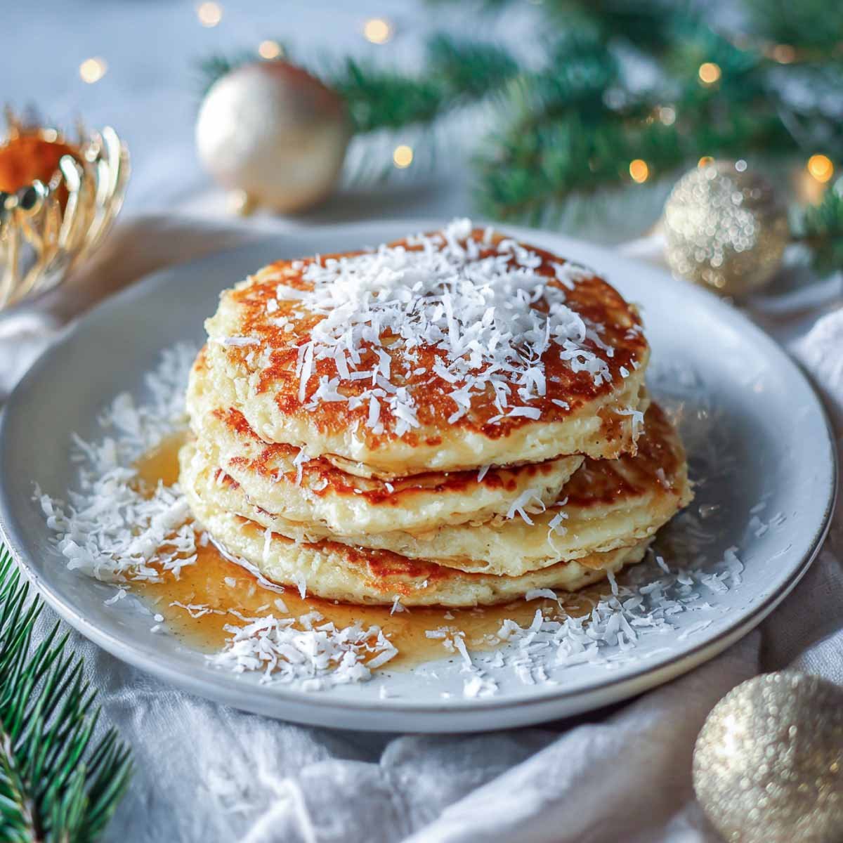 Stack of almond flour pancakes with shredded coconut and syrup.
