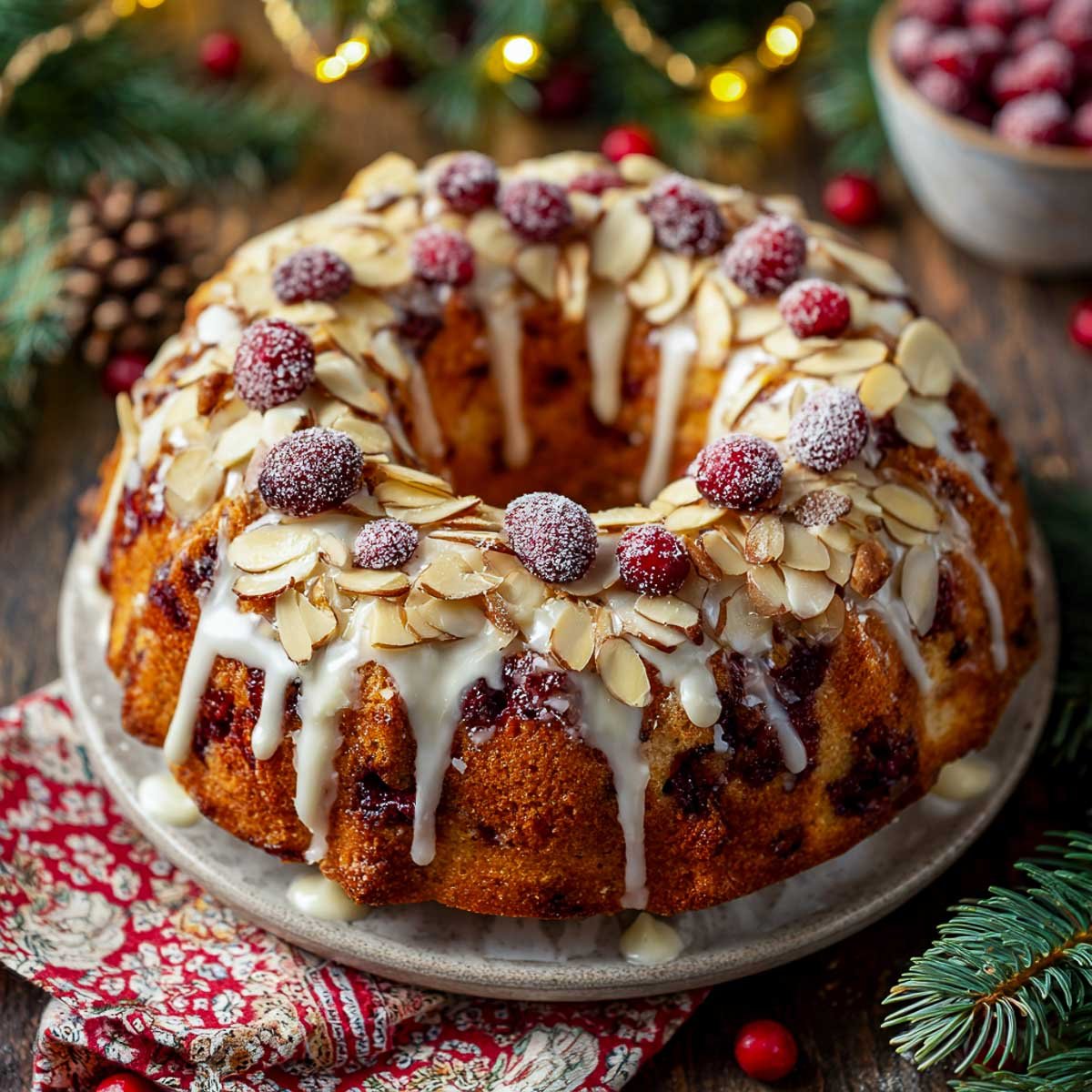 Cranberry almond bundt cake slice with orange glaze and sugared cranberries
