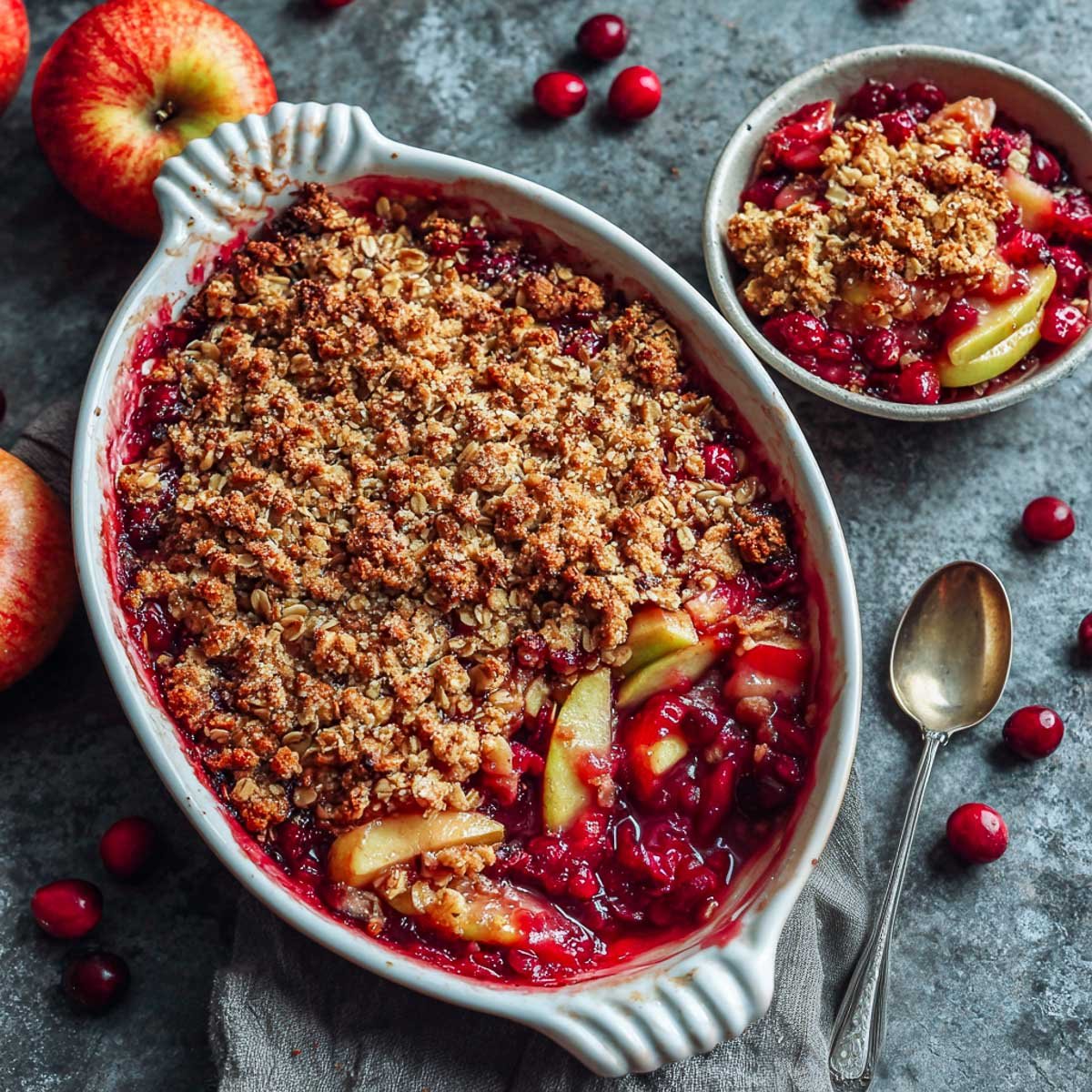 Cranberry apple crisp with golden oat topping in baking dish and bowl.
