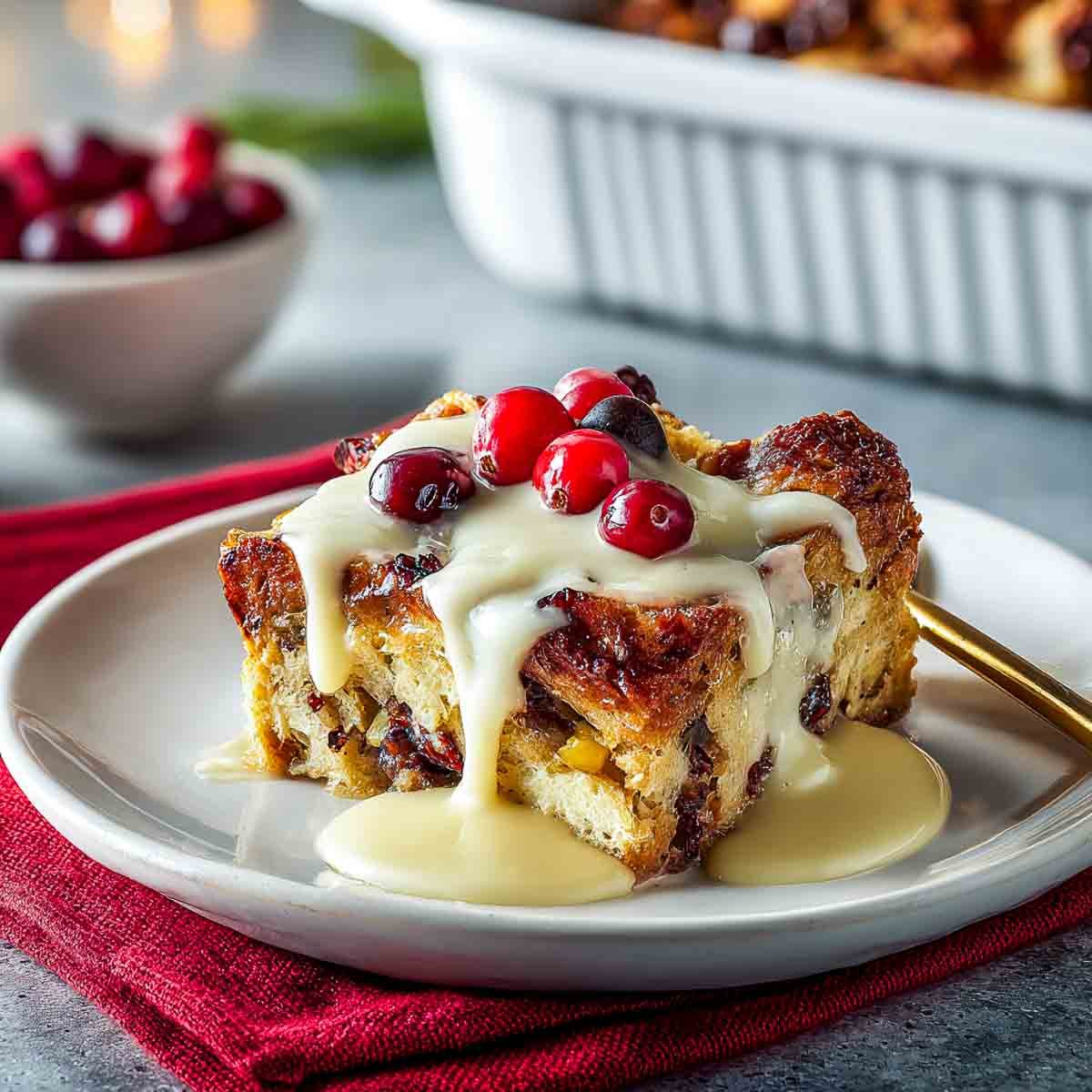 Cranberry bread pudding served on a white plate.