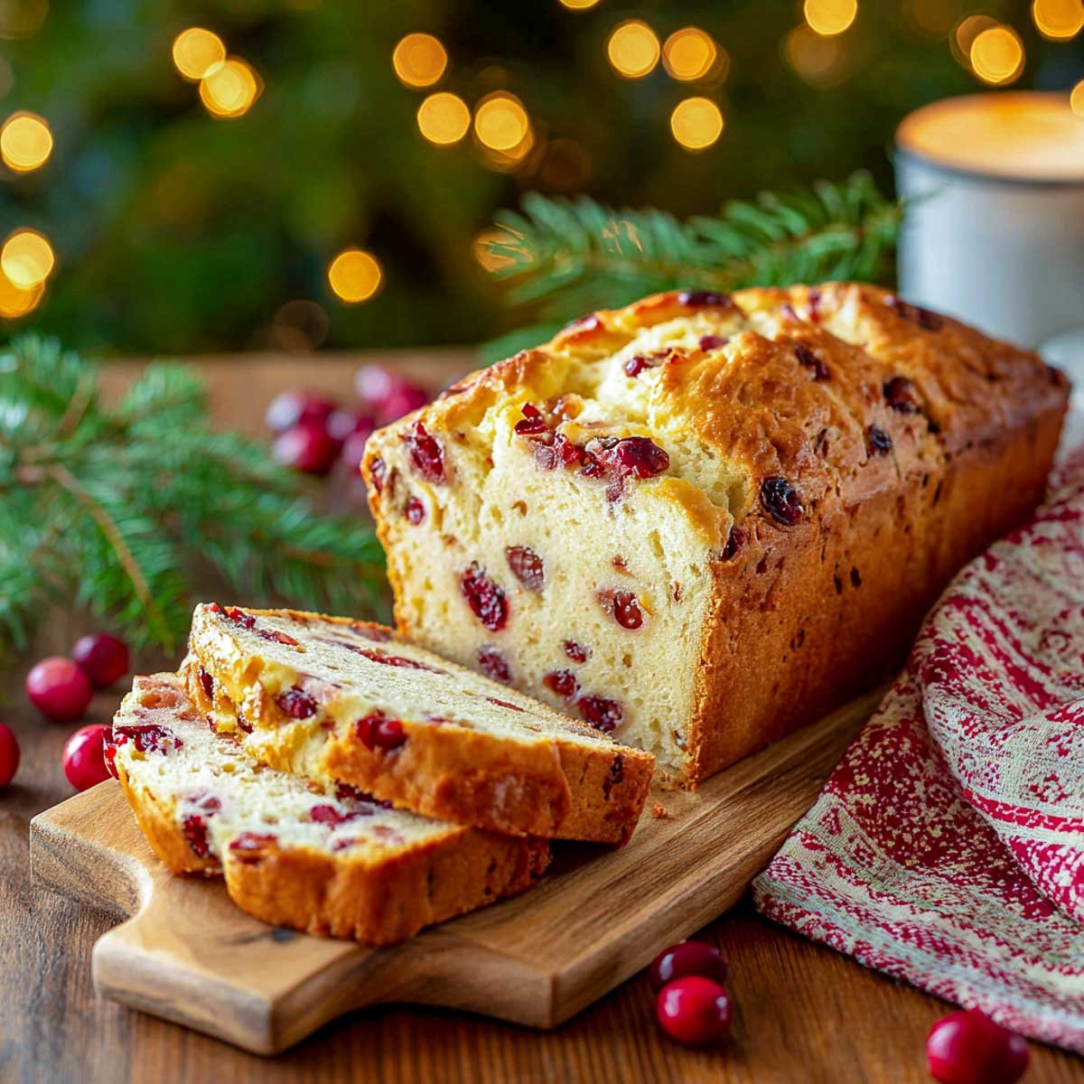 Cranberry Christmas bread loaf sliced on wooden board.