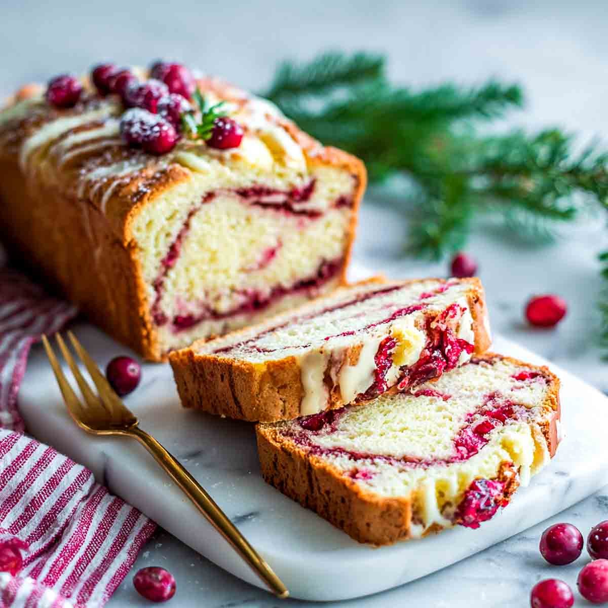 Slices of cranberry cream cheese swirl bread on a marble surface.