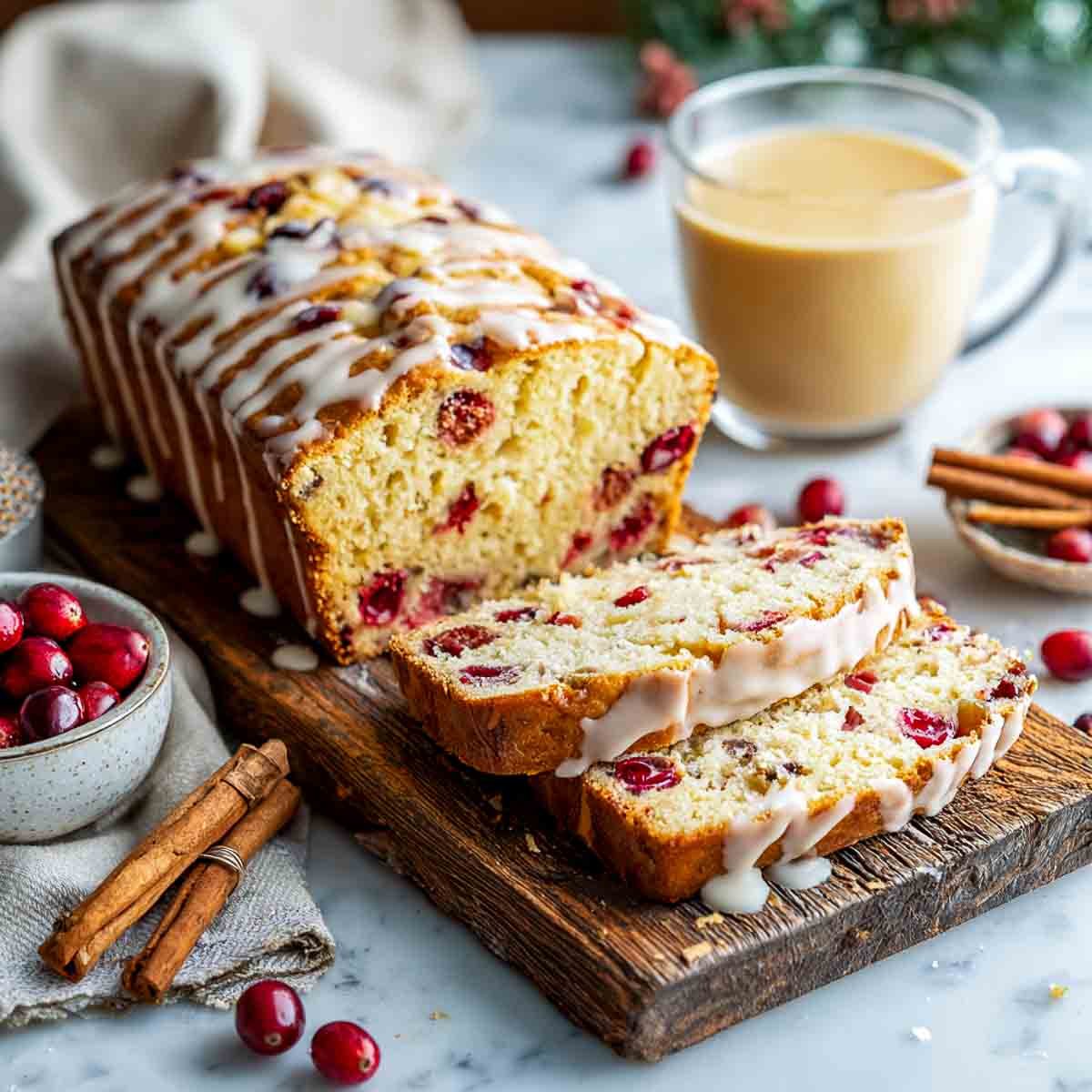 Angled view of cranberry eggnog bread with glaze drizzle, sliced on a rustic wooden board with eggnog glass and cinnamon sticks.