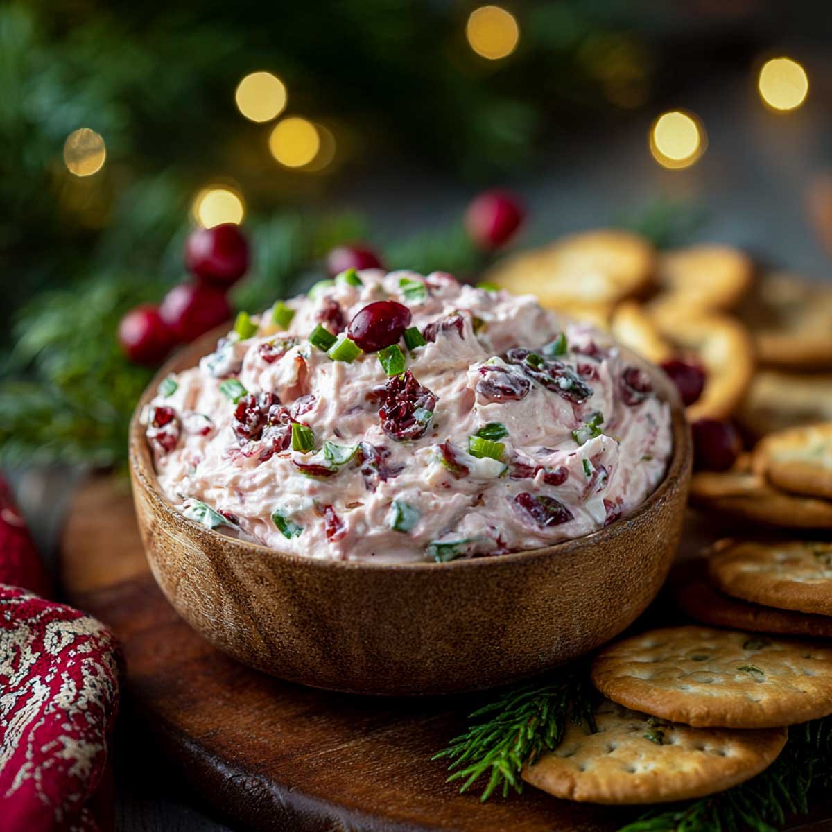 Cranberry jalapeño cream cheese dip in a wooden bowl with crackers.