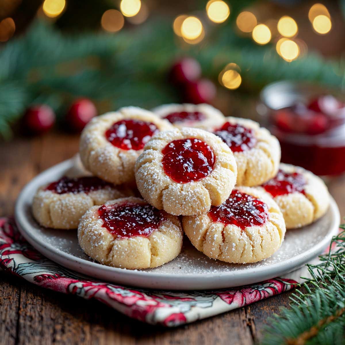 Cranberry jam thumbprint cookies with powdered sugar.