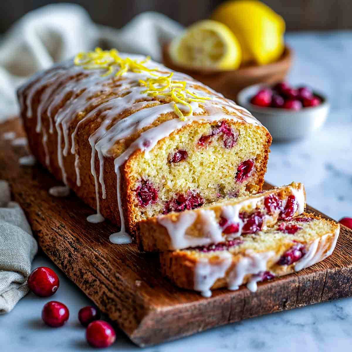 Angled view of cranberry lemon yogurt bread with white glaze and lemon zest on a wooden board.
