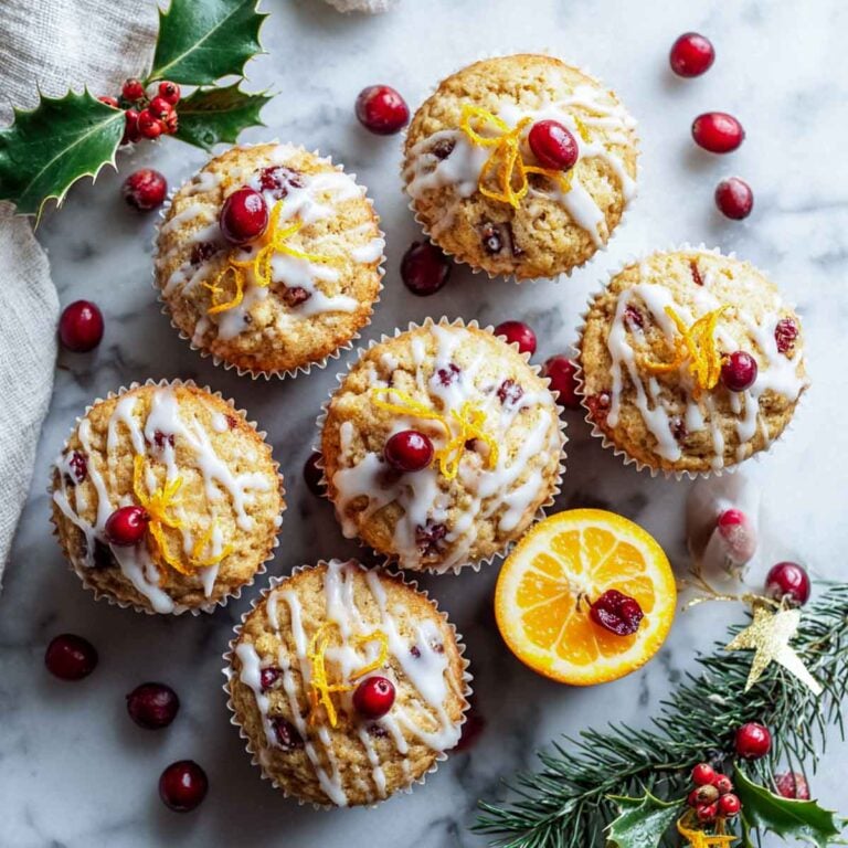 Cranberry orange muffins with citrus glaze and fresh cranberries on marble counter.